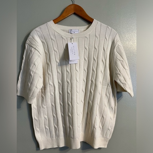 Kujten Womens Cable Knit Short Sleeves Ivory Top Size L - Picture 1 of 10